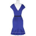 Grace Karin Ladies Cap Sleeve Square Neck Hips-Wrapped Mermaid Bodycon Mulheres vestido azul com cinto preto CL010450-2